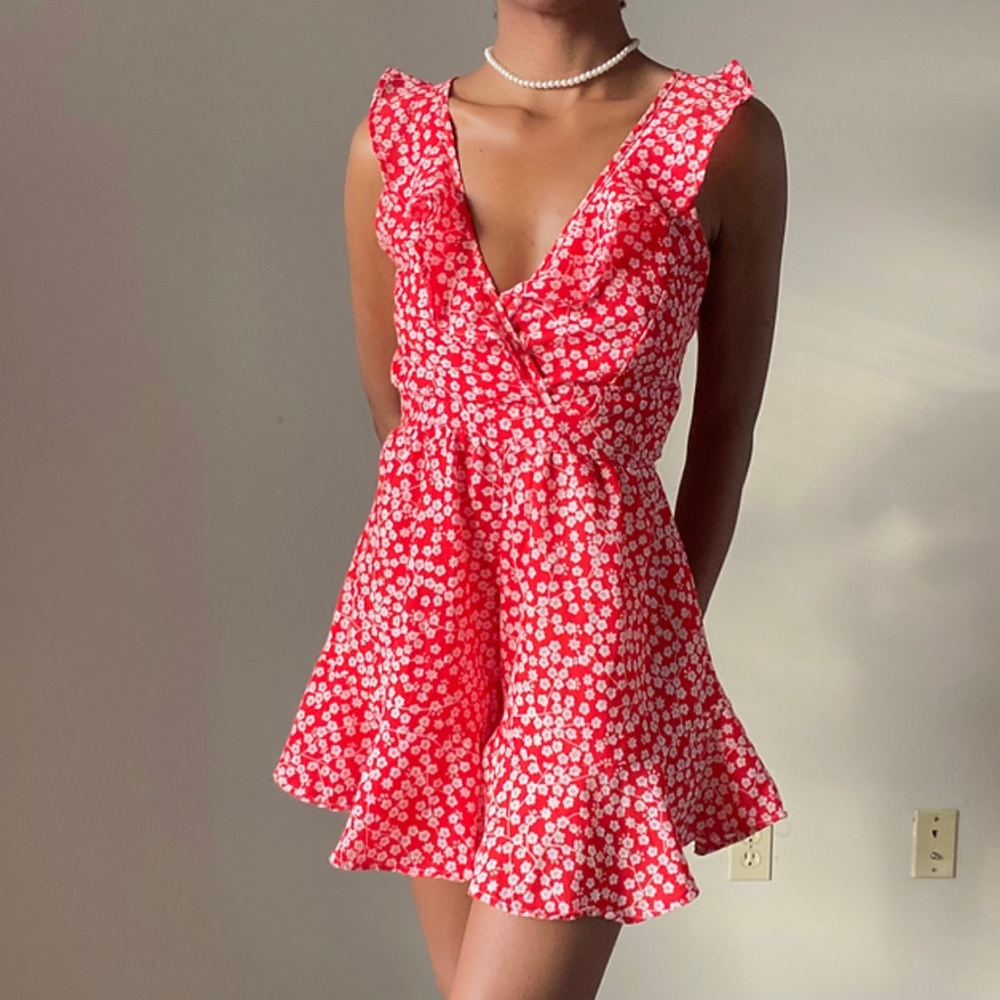 Red Ditsy Floral Romper with Open Back Detail
